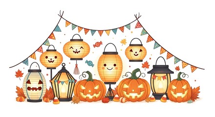 Fototapeta premium Illustration of halloween decorations with lanterns pumpkins candies and a colorful banner on white