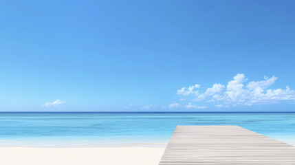 Fototapeta premium serene beach scene featuring wooden deck extending over calm turquoise waters, under clear blue sky with fluffy clouds