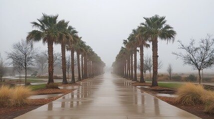 Palm Trees Lining a Wet Concrete Path in the Fog