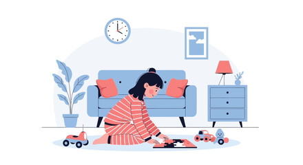 Cute Girl Doing Jigsaw Puzzle At Home In Pajamas Flat Vector Design