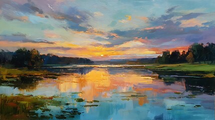 Vibrant sunset casting shimmering reflections on a serene lake, oil painting
