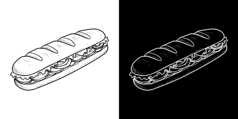 sandwich illustration, isolated hand-drawn vector image in two design variants - on transparent and black background, chalk drawing
