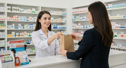 Pharmacist handing medication to a customer in a pharmacy