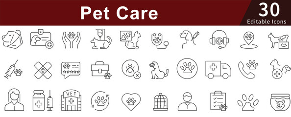 Pet Care Line Icons Set with Editable Stroke for Animal, Veterinary, Health, and Pet Services