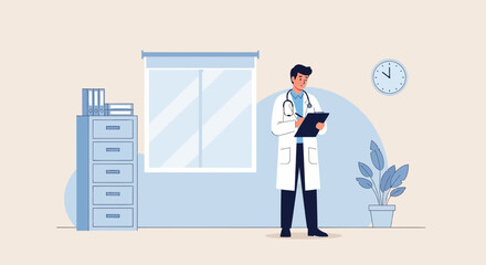 Fototapeta premium Dedicated Doctor Taking Notes In His Office With Essential Equipment Around