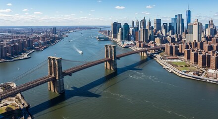 Obraz premium 輝くマンハッタンとブルックリン橋 爽快な高画質空撮