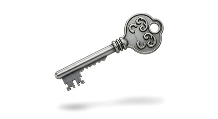 Ornate Antique Silver Key Floating on a White Background