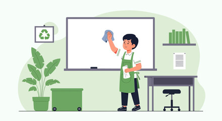 Enthusiastic Young Janitor Cleans Whiteboard In Eco Conscious Classroom Illustration