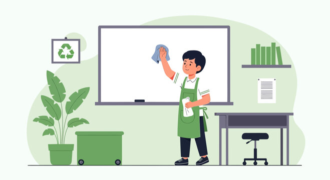 Enthusiastic Young Janitor Cleans Whiteboard In Eco Conscious Classroom Illustration