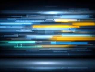 Abstract digital streaks in blue, yellow, and teal streaming across dark background, evoking speed, data transfer, and futuristic technological motion