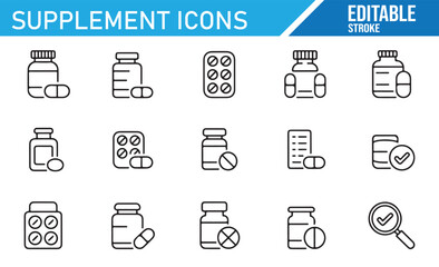 Collection of Editable Vitamin and Supplement Bottle Icons for Healthcare Branding