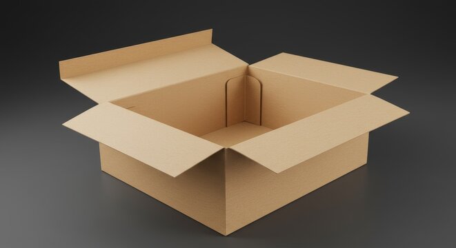 Opened light brown cardboard box on dark gray background, angled product perspective