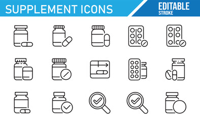 Set of Supplement Bottle and Pills Icons for Pharmaceutical and Wellness Branding

