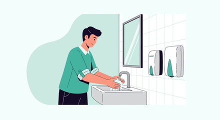 Man Washing Hands For Hygiene Maintaining In A Public Restroom Illustration