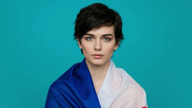 Portrait of a beautiful young woman with a pixie haircut wrapped in the French flag. Patriotic female supporter looking at the camera against a solid color background.