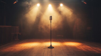corporate event stage setup with spotlight and microphone, no people, ambitious tone, clean design elements, ultra-detailed, frontal angle