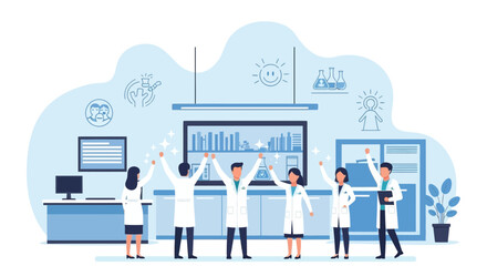 Excited Scientists Celebrating Success In Modern Laboratory Research Facility