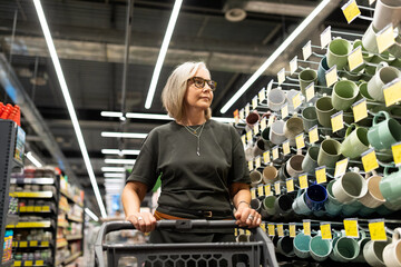 Stylish mature woman shopping for home goods in a modern retail store, choosing kitchenware and...