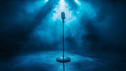corporate event stage setup with spotlight and microphone, no people, ambitious tone, clean design elements, ultra-detailed, frontal angle