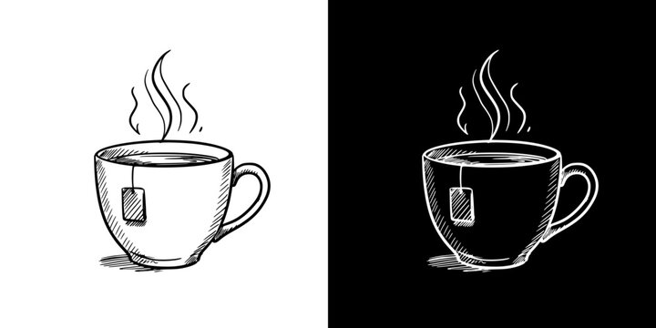 tea cup, isolated hand-drawn vector image in two design variants - on transparent and black background, chalk drawing
