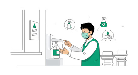 Man Wearing Mask Using Hand Sanitizer For Health And Protection