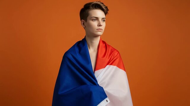 A proud and serious young woman with a pixie cut is draped in the national flag of France. Studio portrait with an orange background.