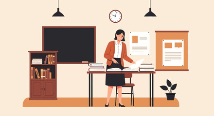Dedicated Teacher Preparing Lessons In Classroom Environment, School, Education