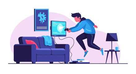 Excited Young Man Playing Video Games At Home Jumping Up From Console