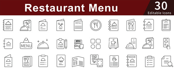 Restaurant Menu Line Icons Set with Editable Stroke for Food, Dining, Kitchen, and Culinary Services