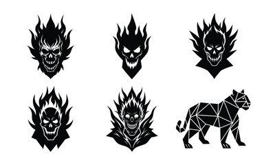 Obraz premium Vector art of six flaming skulls and a geometric cat in black and white
