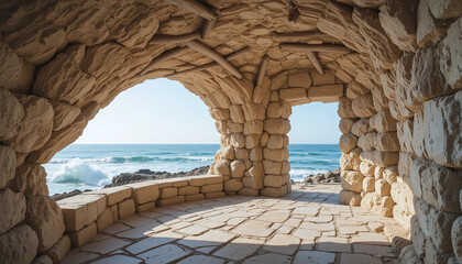 Obraz premium A shellstone pavilion nestled into a sea cliff alcove, open on one side to the roaring surf. Driftwood beams cast gentle shadows on bleached stone walls.
