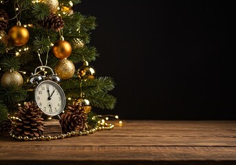 暖色系の光が輝く、落ち着いた雰囲気のクリスマスツリーとアンティークな目覚まし時計