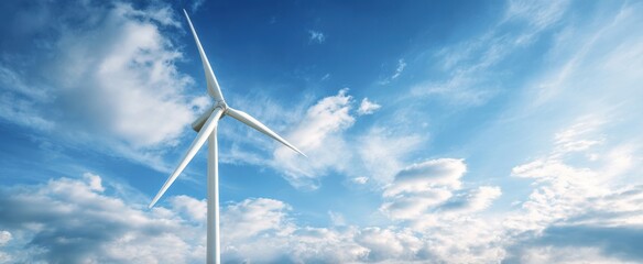 The towering wind turbine against a backdrop of vibrant blue sky and fluffy clouds.