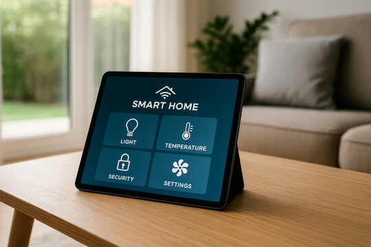 Digital tablet displaying smart home control interface on table