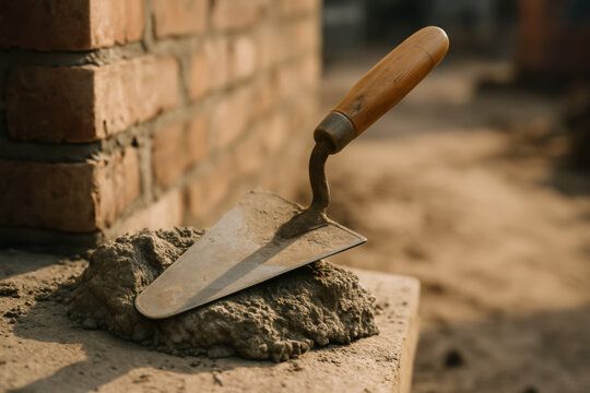 Fototapeta Trowel resting on fresh cement near brick wall construction