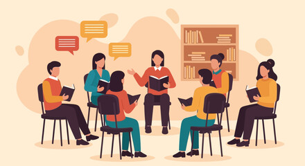 Illustrated Book Club Meeting With Diverse Individuals Sharing Literary Insights