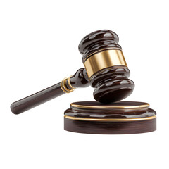 Dark Brown Wooden Gavel with Gold Accents on Sound Block
