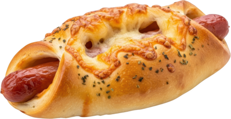 Golden brown baked pastry with sausage and melted cheese topping sprinkle of herbs transparent background