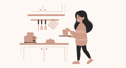 Cheerful Morning: Girl Preparing Breakfast In Cozy Minimalist Kitchen Interior Illustration