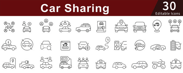 Car Sharing Line Icons Set with Editable Stroke for Ride, Transport, Rental, and Mobility Services