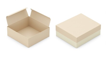 Elegant Beige and Cream Square Box Duo: Open and Closed Packaging Mockup