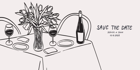 Romantic dinner poster, banner or placard. Wine and flowers bouquet drawing for wedding invitations, cafe menus and parties. Served table for two, couples, lovers in restaurant or home in ink style.
