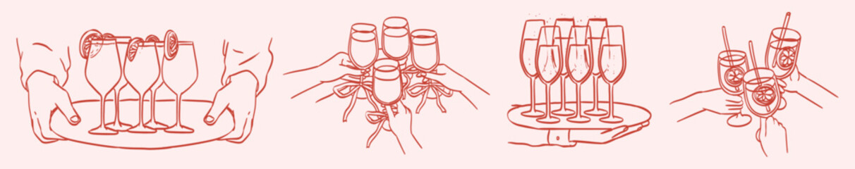 Hands hold glasses with alcoholic or non alcoholic cocktail. Cheers vector illustration for greeting card, postcard, wedding invitation, menu design. Line drawing of people celebrating and drinking.