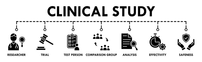Clinical study banner web icon vector illustration concept for clinical trial research with an icon of researcher, trial, test person, comparison group, analysis, effectivity, and safeness