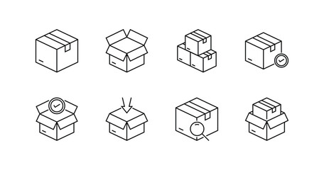 Shipping Box Icon Set – Packaging, Delivery, Logistics, and Parcel Line Icons, Editable Stroke