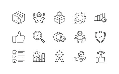 Quality Control Line Icon Set – Assurance, Checklist, Inspection, Certification Symbols, Editable Stroke
