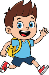 Cheerful Cartoon Boy with a Backpack Waving, Depicting Back to School, Education, Childhood, and Happy Learning Journey Concepts.