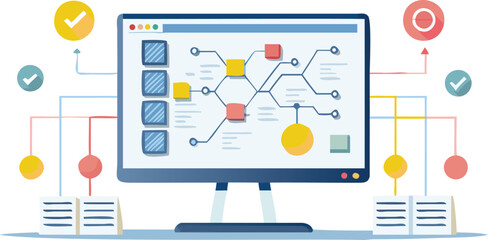 Computer screen displaying a network diagram with connected data points and validation indicators