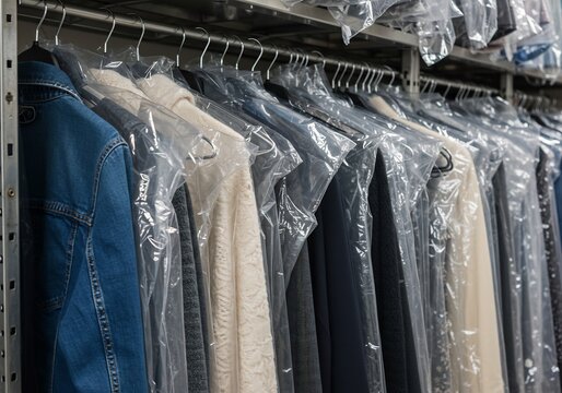 清潔感漂う衣類、整然と並ぶドライクリーニング済み洋服。