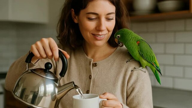 Smiling woman pours tea while interacting with green parrot in cozy kitchen setting